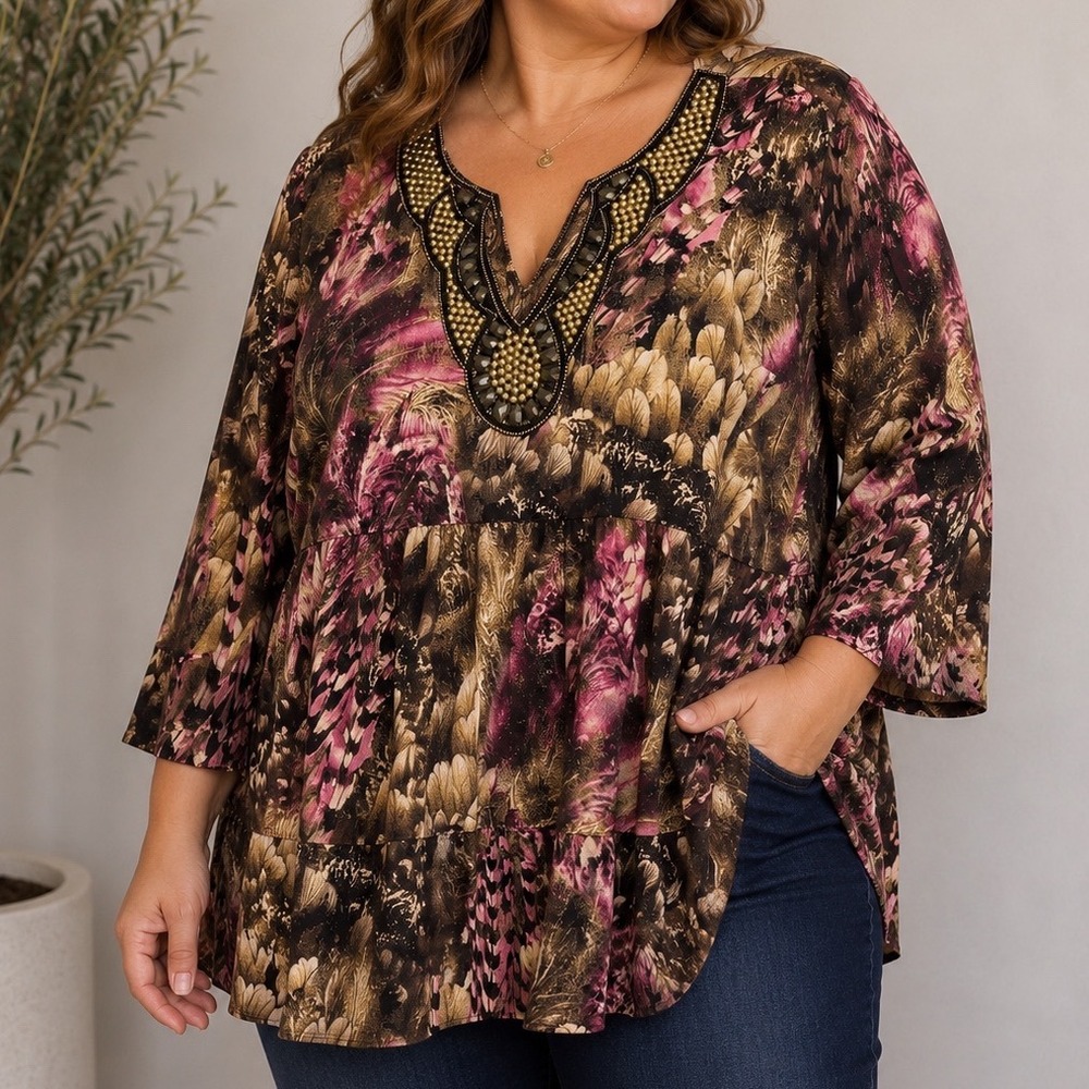 Women's Y2K Tiered Tunic Top 22/24W Embellished Boho Fairy Grunge Festival Plus